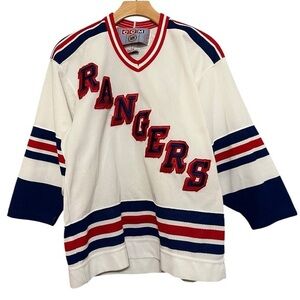 CCM Vintage Boys Size L XL White Red Blue NHL NY Rangers Hockey Jersey